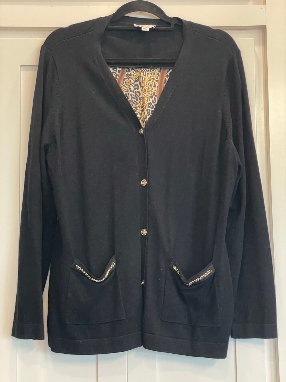 Susan Graver black and silky leopard cardigan with chain detail MED